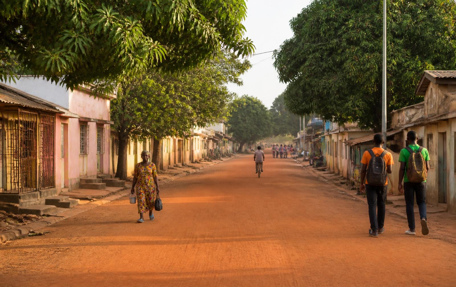 Rue de latérite bordée d'arbres à Ziguinchor, en Casamance