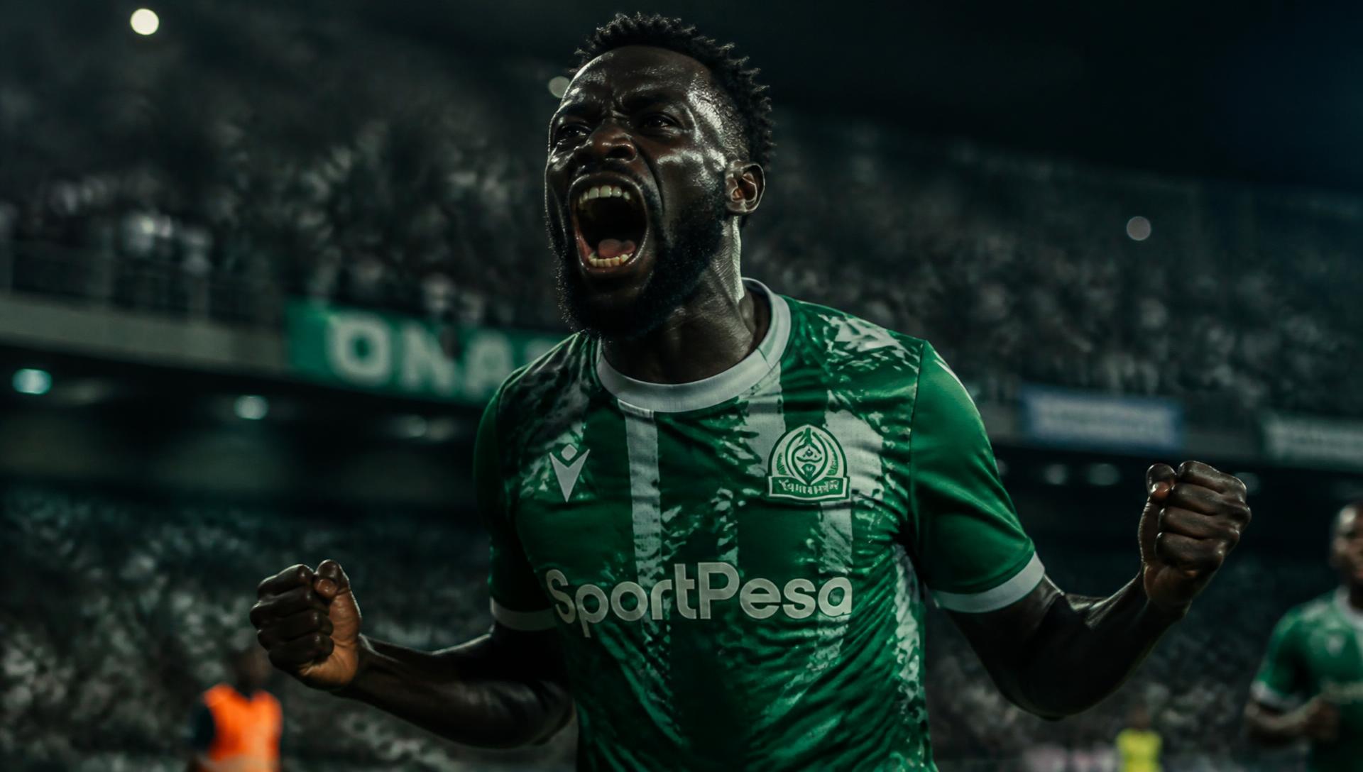 Footballeur en maillot vert célébrant un but dans un stade illuminé